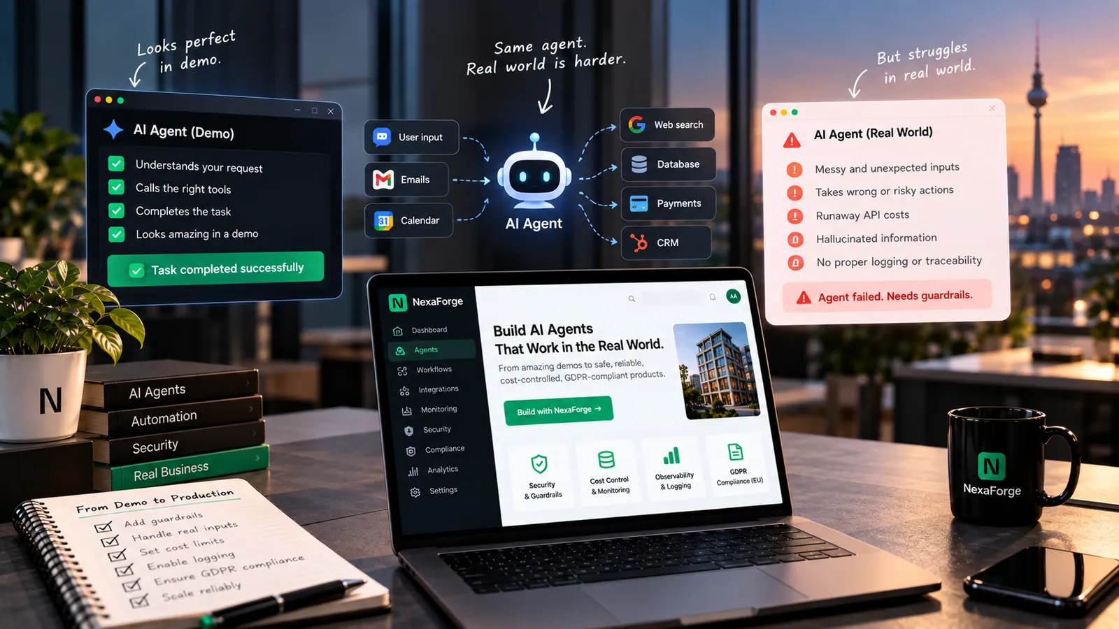 An AI agent that looks perfect in a demo beside the same agent struggling in the real world, with messy inputs, risky actions, runaway API costs and no logging, above a dashboard for building agents with guardrails and cost control