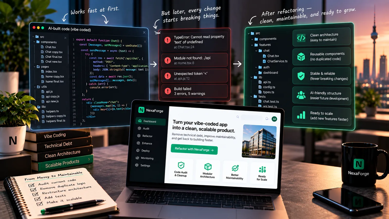 AI-built code that works fast at first, then fills with errors on every change, and finally a refactored, clean folder structure with reusable components that is ready to grow