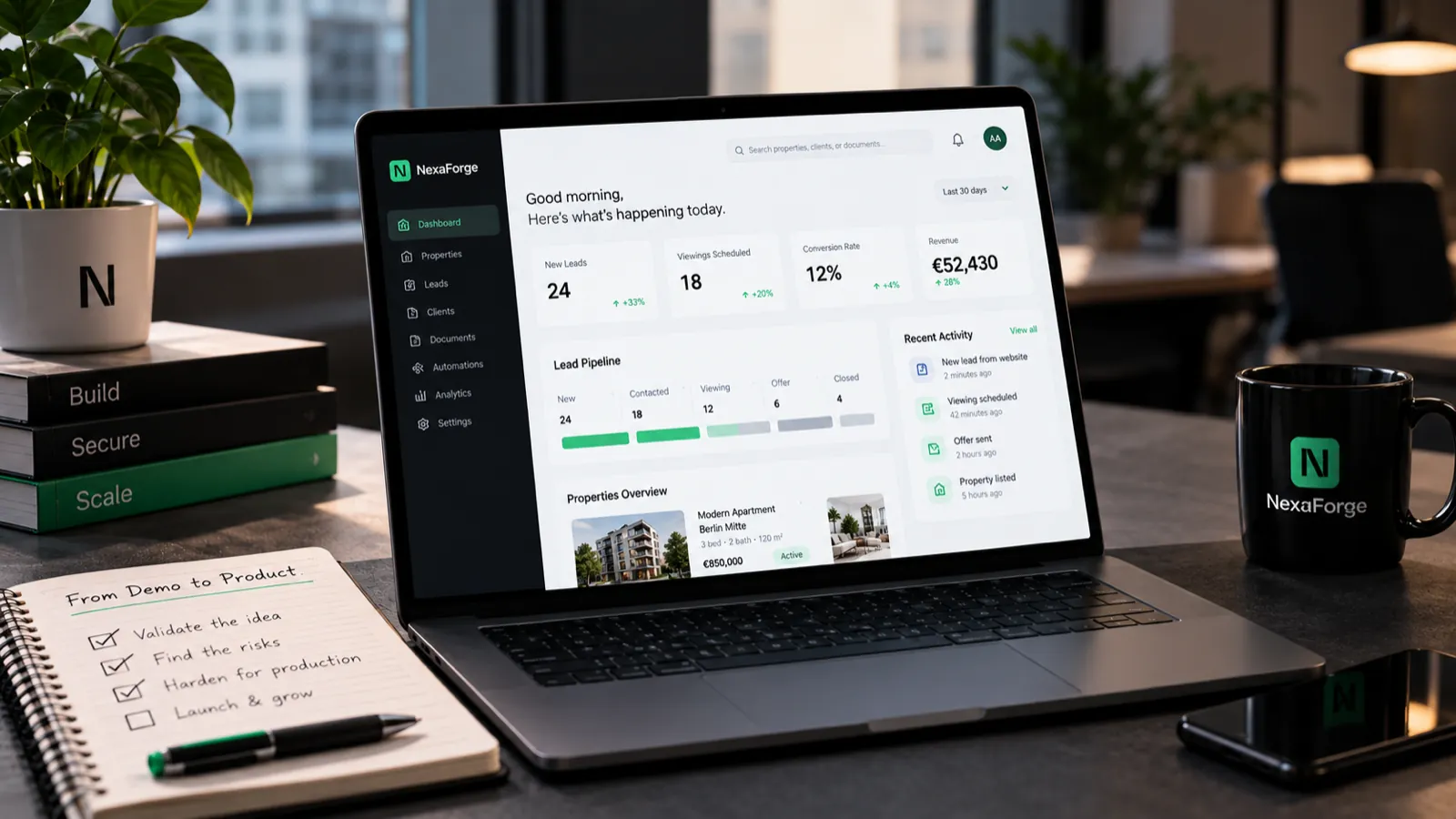 A NexaForge dashboard on a laptop beside a notebook checklist titled From Demo to Product: validate the idea, find the risks, harden for production, launch and grow