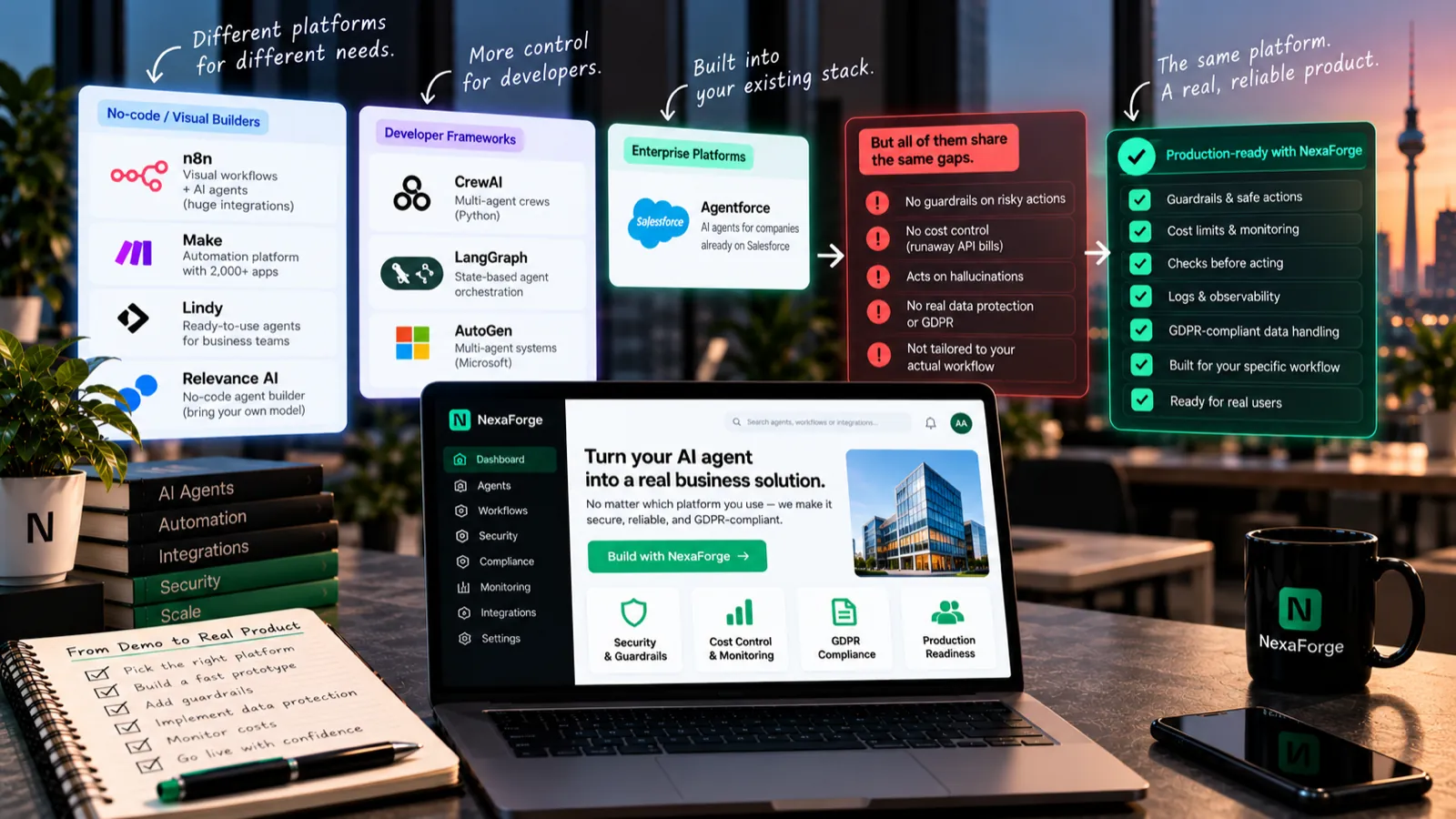 AI agent platforms grouped as no-code builders (n8n, Make, Lindy, Relevance AI), developer frameworks (CrewAI, LangGraph, AutoGen) and enterprise platforms (Agentforce), all sharing the same production gaps, leading to a production-ready checklist with guardrails, cost limits, checks before acting, logging and GDPR