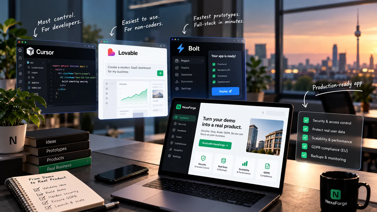 Cursor, Lovable and Bolt side by side, labelled most control, easiest to use and fastest prototypes, leading to a production-ready app checklist covering security, real user data, scalability, GDPR and backups
