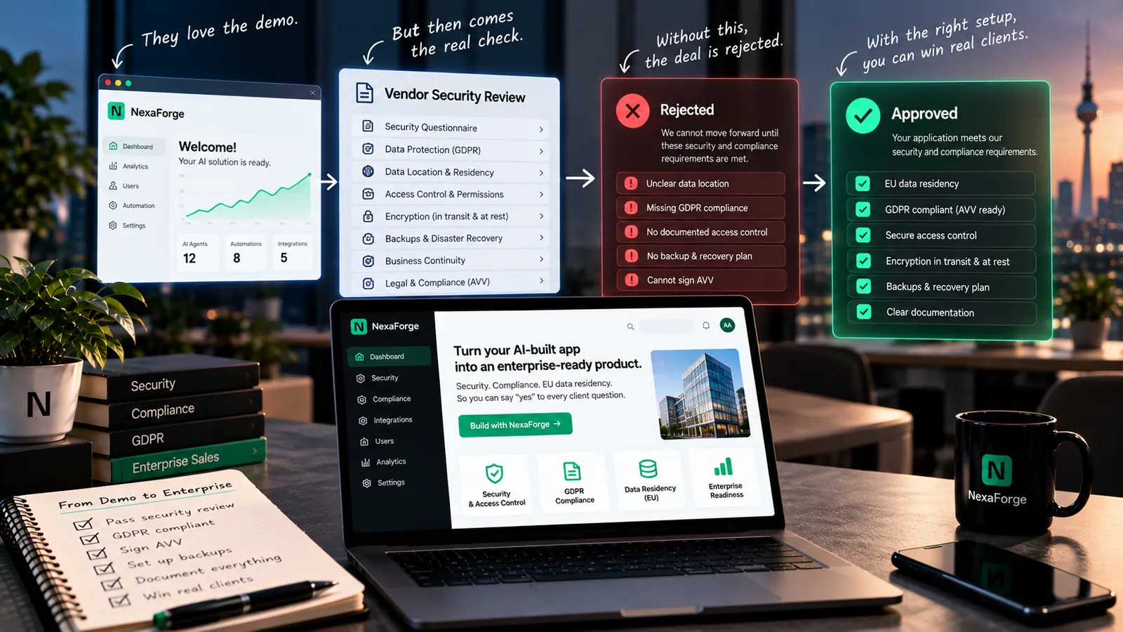 A product demo that clients love, followed by a vendor security review covering data location, access control, encryption and backups, branching into a rejected outcome with missing safeguards and an approved outcome with EU data residency and an AVV-ready setup
