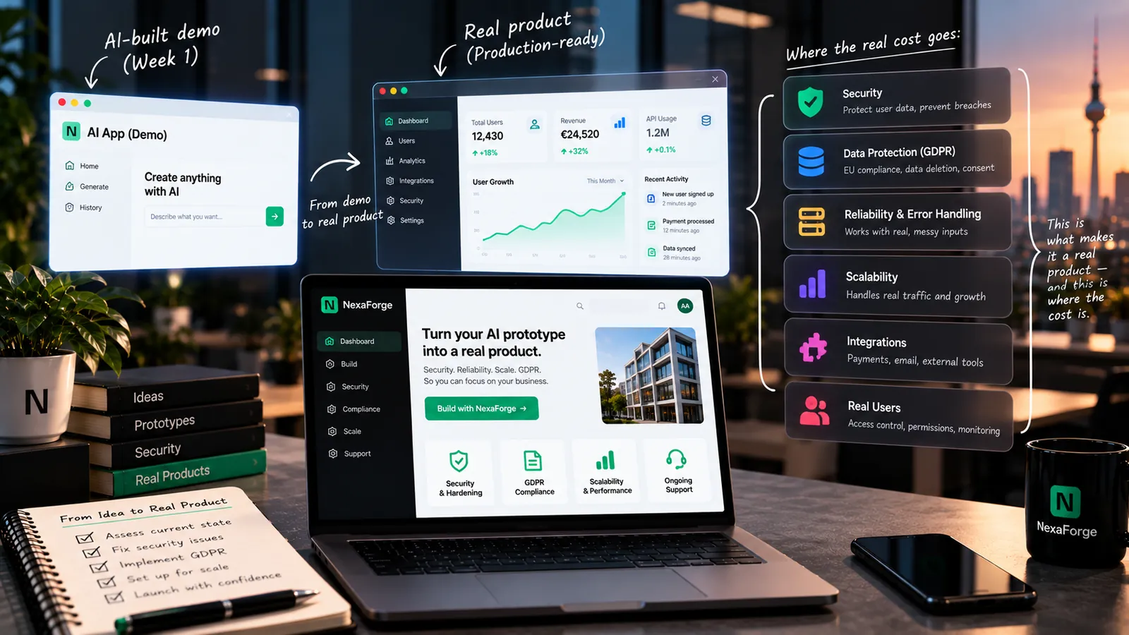 An AI app demo in week one beside its production-ready version, with a breakdown of where the real cost goes: security, data protection, reliability, scalability, integrations and real users