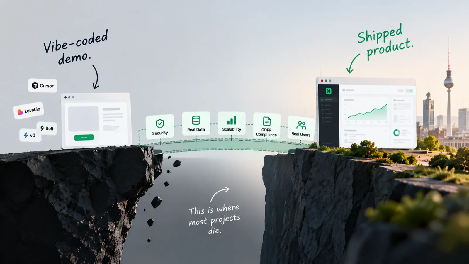 Illustration of a vibe-coded demo on one cliff and a shipped product on the other, joined by a bridge of security, real data, scalability, GDPR compliance and real users