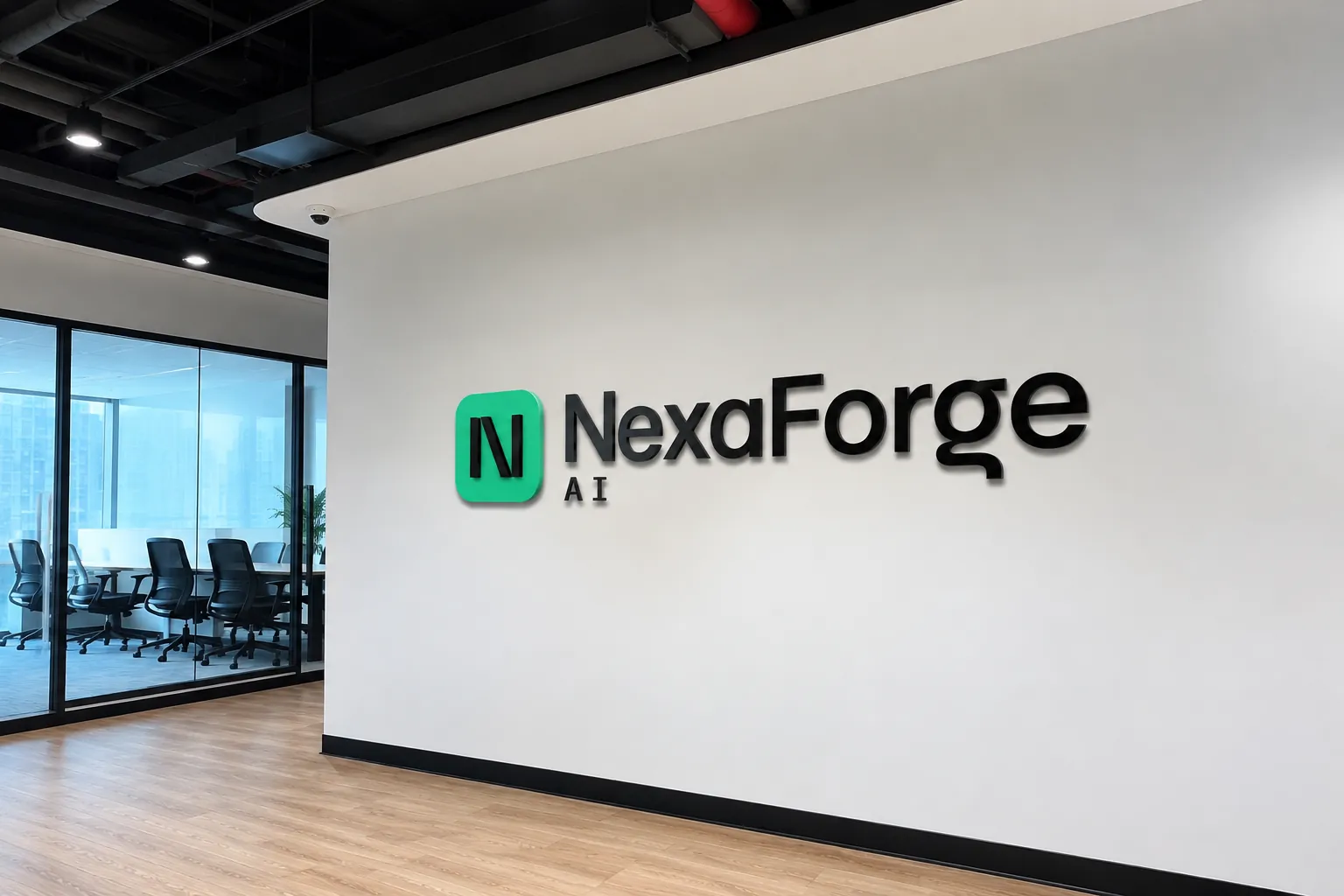The NexaForge AI logo mounted on a white wall beside a glass-walled meeting room in the studio office