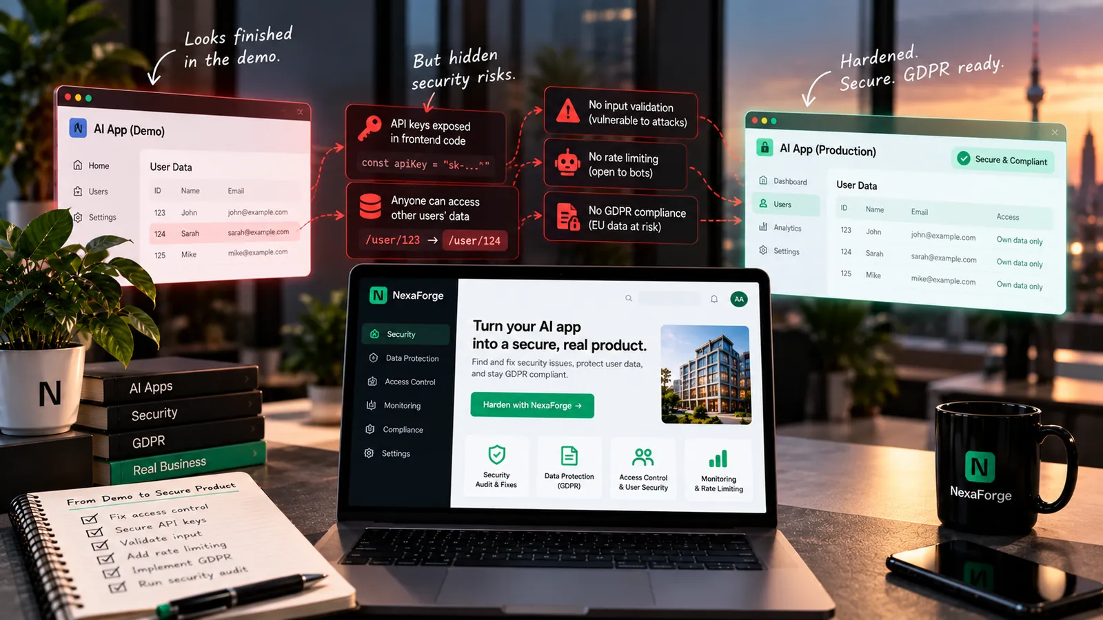 An AI app demo that looks finished beside a hardened, GDPR-ready production version, with the hidden risks between them: exposed API keys, open user data, no input validation, no rate limiting and no GDPR compliance